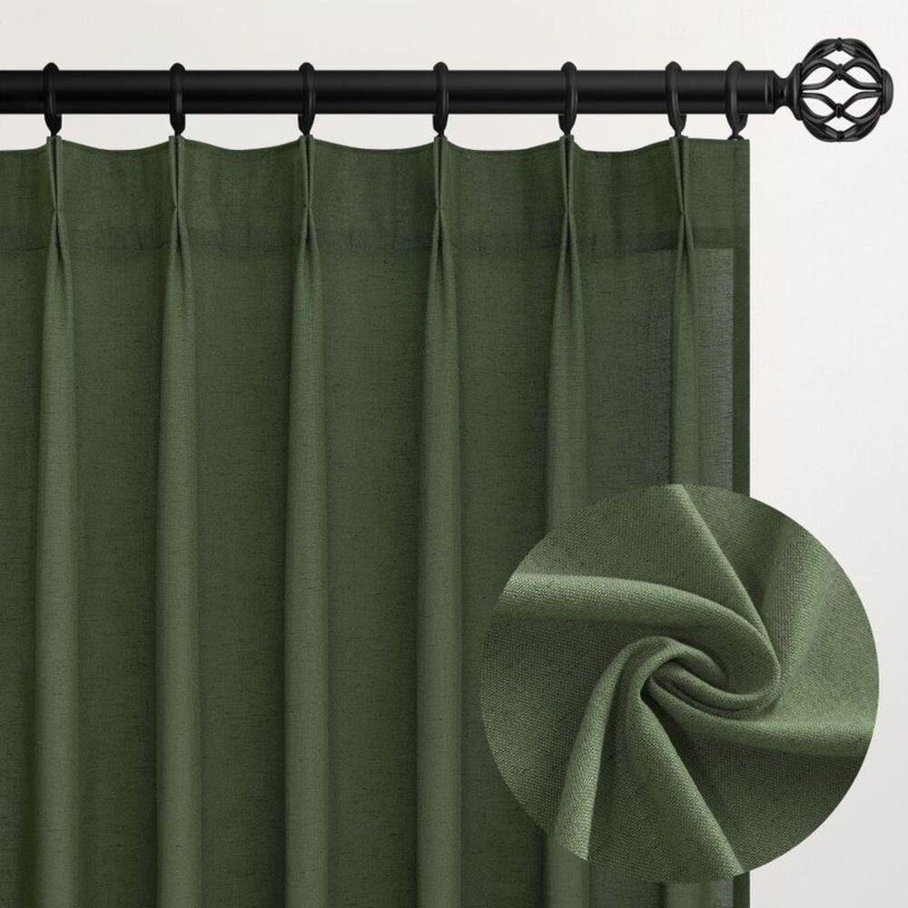 Topfinel - Pleated Linen 90 Inch CurtainsOlive Green Semi She Green